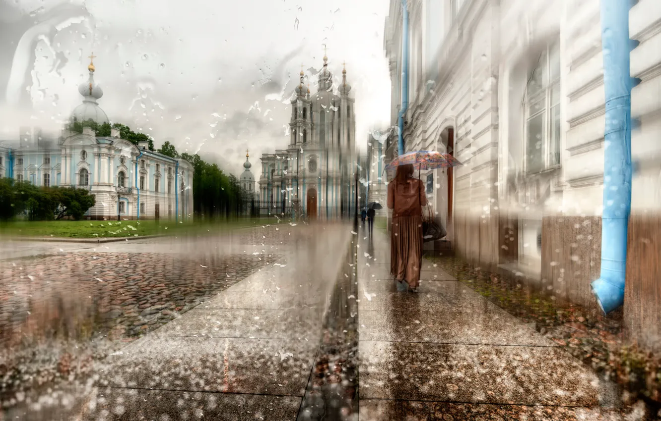 Photo wallpaper girl, drops, rain, umbrella, Saint Petersburg, cloak