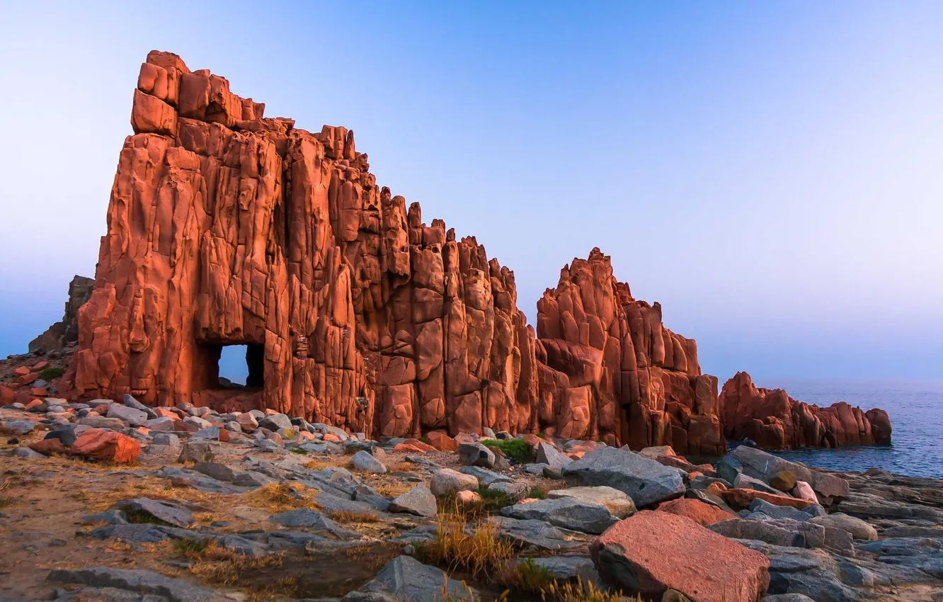 Photo wallpaper the sky, landscape, nature, stones, the ocean, rocks, shore, horizon