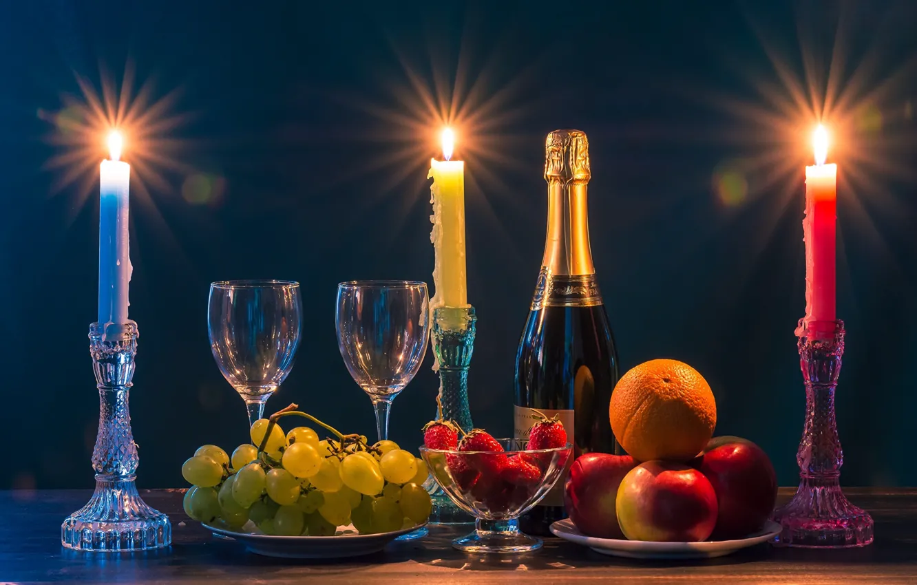 Photo wallpaper romance, glass, orange, candles, strawberry, grapes, champagne