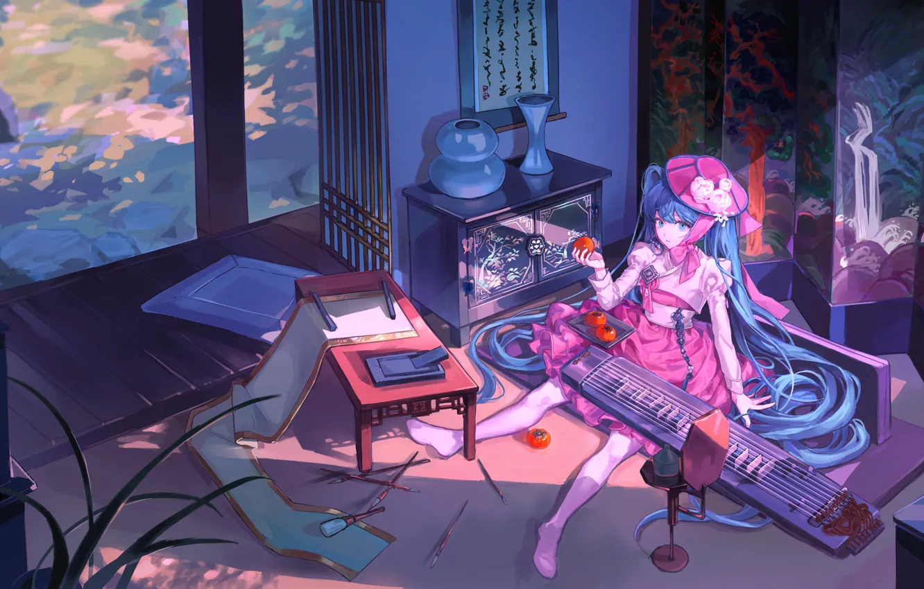 Photo wallpaper girl, room, Hatsune Miku, Vocaloid, persimmon