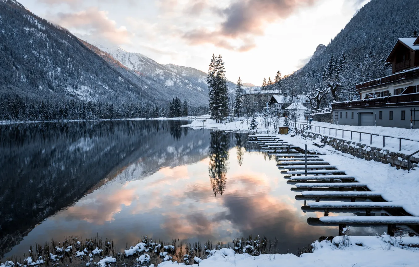 Photo wallpaper winter, forest, snow, mountains, shore, Bayern, Alps, house