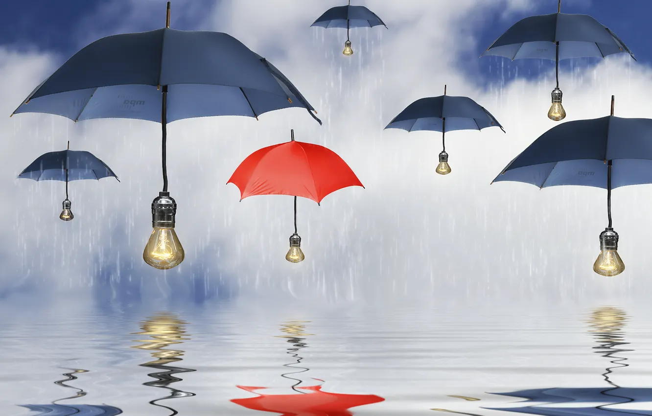 Photo wallpaper water, reflection, rain, umbrellas, umbrellas, light bulb
