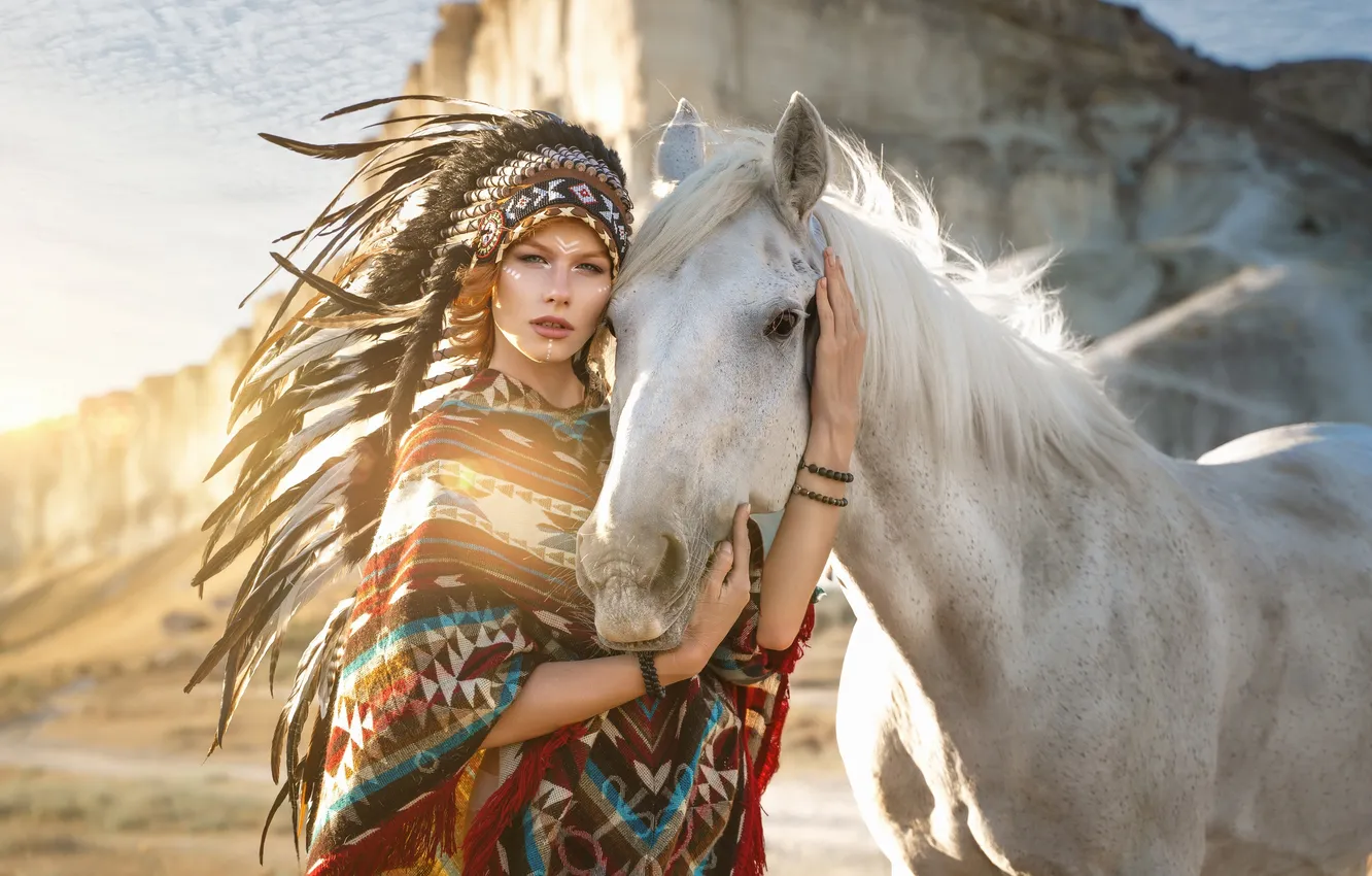 Photo wallpaper girl, pose, horse, horse, feathers, hands, roach, Anastasia Zhilina
