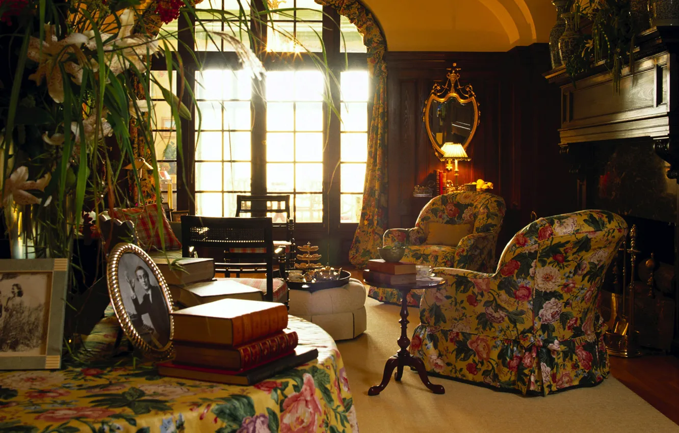 Photo wallpaper chair, mirror, window, book, table, English retro style, in the photos