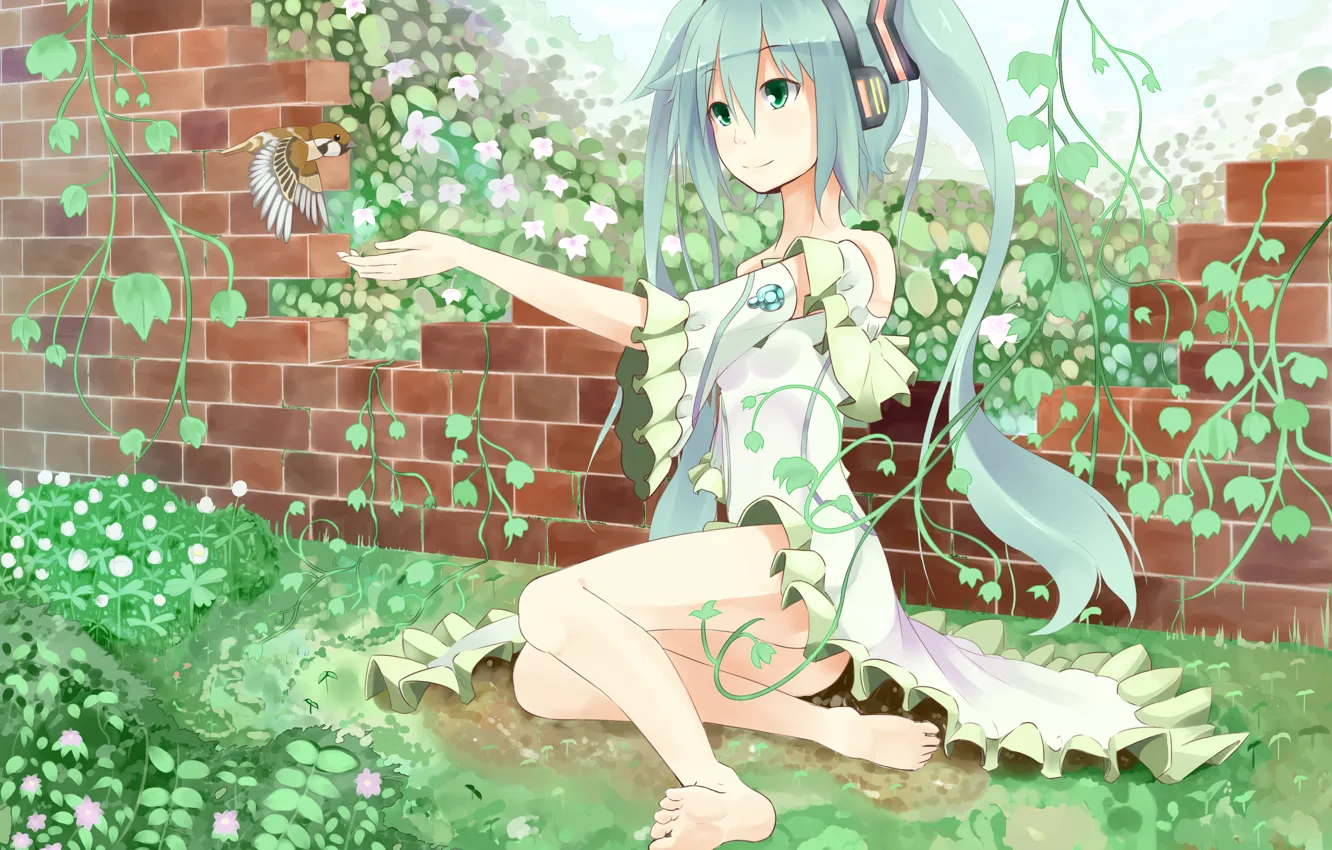 Photo wallpaper girl, flowers, plants, anime, headphones, art, bird, vocaloid