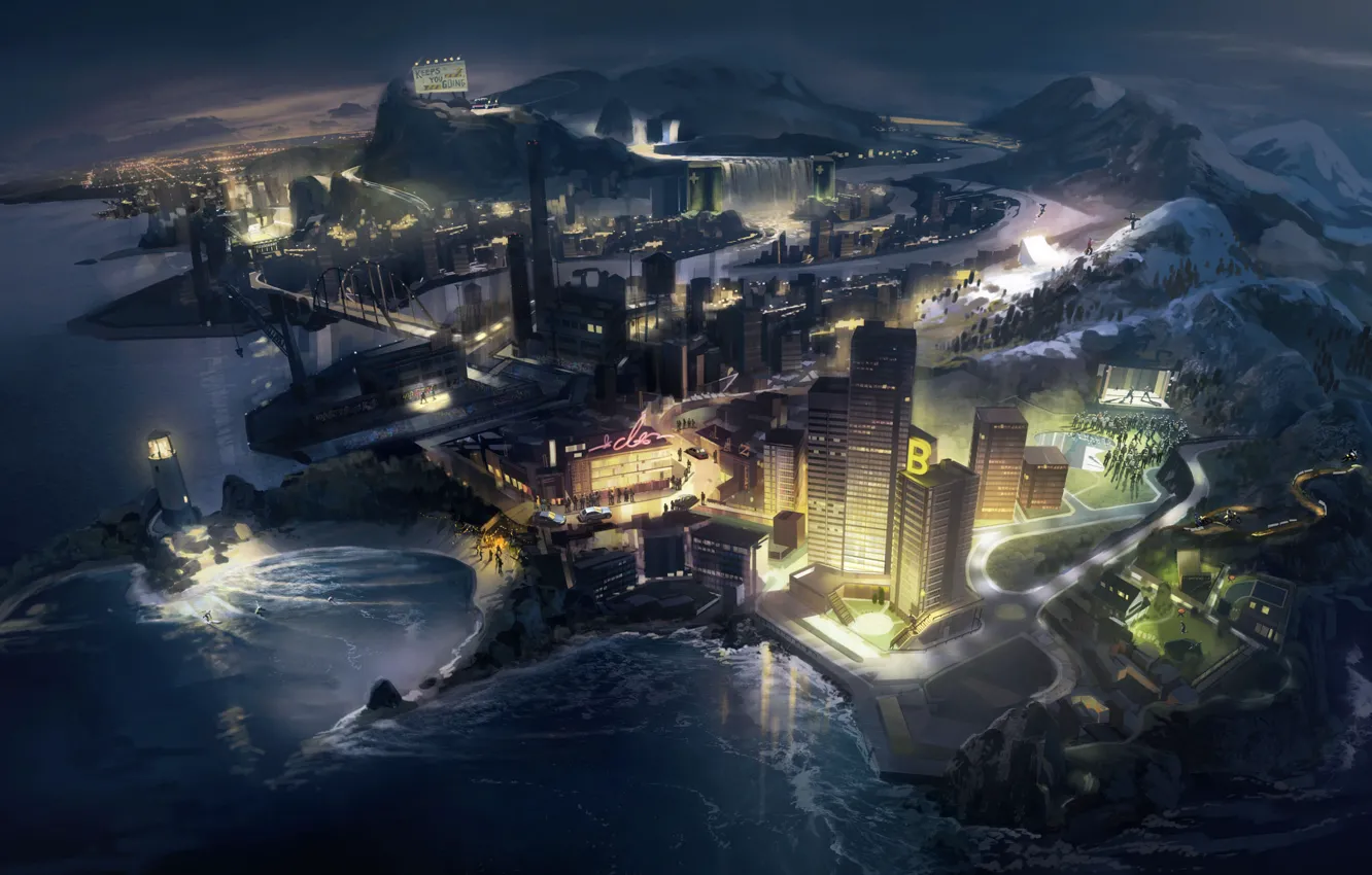 Photo wallpaper sea, mountains, night, the city, lighthouse, art, harbour, korpi