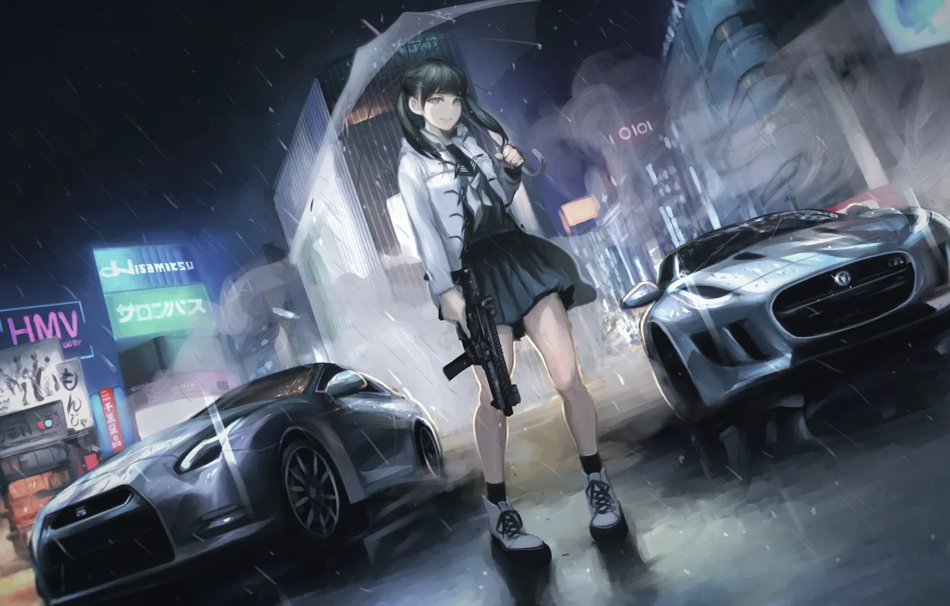 Photo wallpaper machine, girl, weapons, umbrella, art, terabyte, rook777