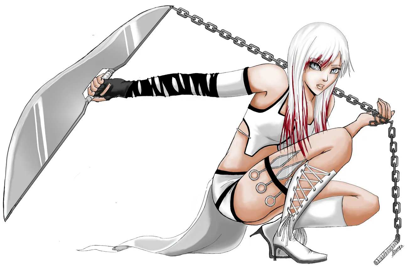 Photo wallpaper look, weapons, background, boots, anime, art, chain, costume