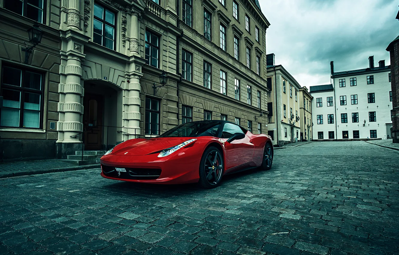 Photo wallpaper city, Ferrari, red, 458, street, Italia, Performance, Supercar