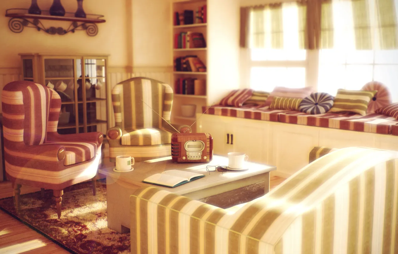 Photo wallpaper design, style, room, furniture, radio, interior, pillow, glasses