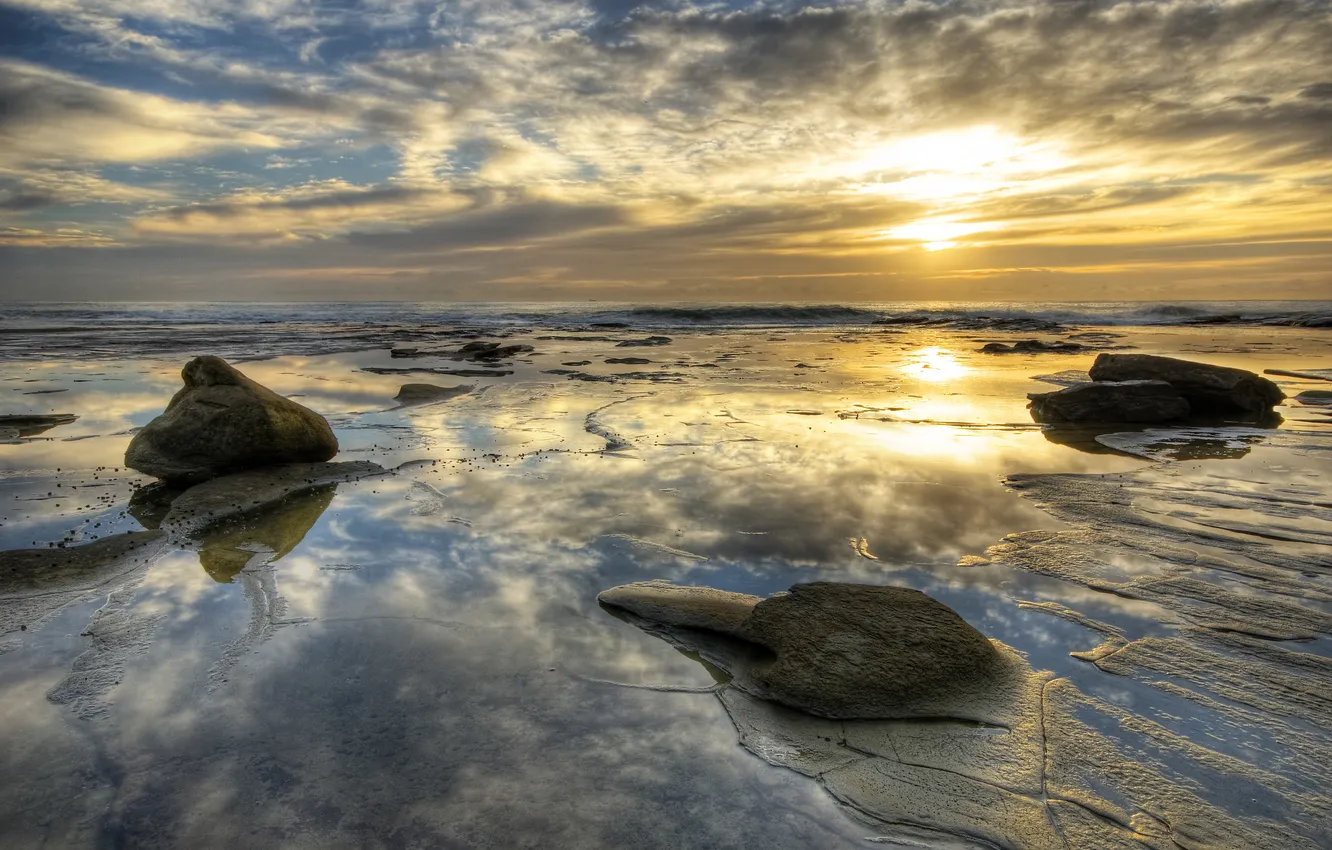 Photo wallpaper sea, water, sunset, stones, shore