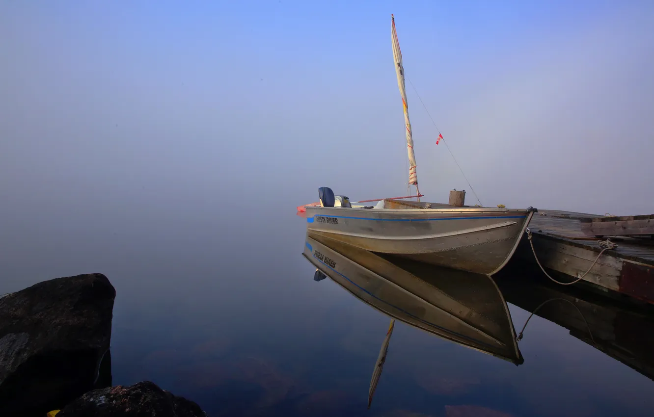 Photo wallpaper fog, lake, boat, stone, pier