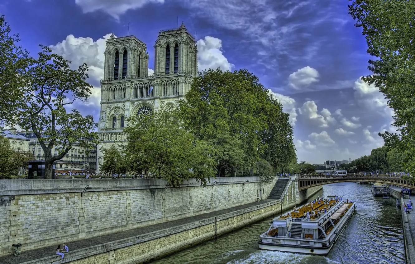 Photo wallpaper trees, river, Paris, hay, Cathedral, promenade, Notre Dame