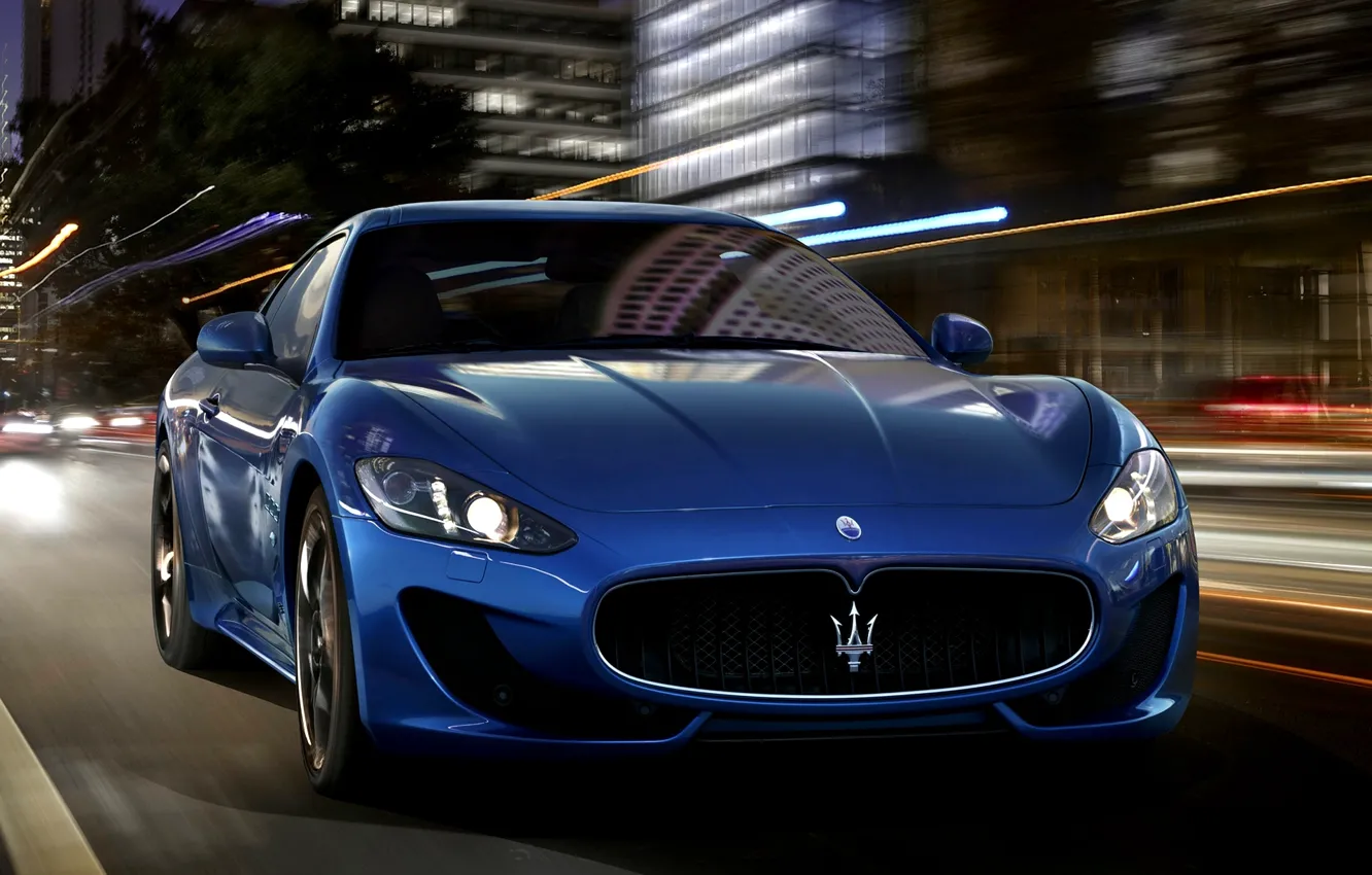 Photo wallpaper Maserati, Lights, Night, The city, Sport, Machine, Speed, Maserati