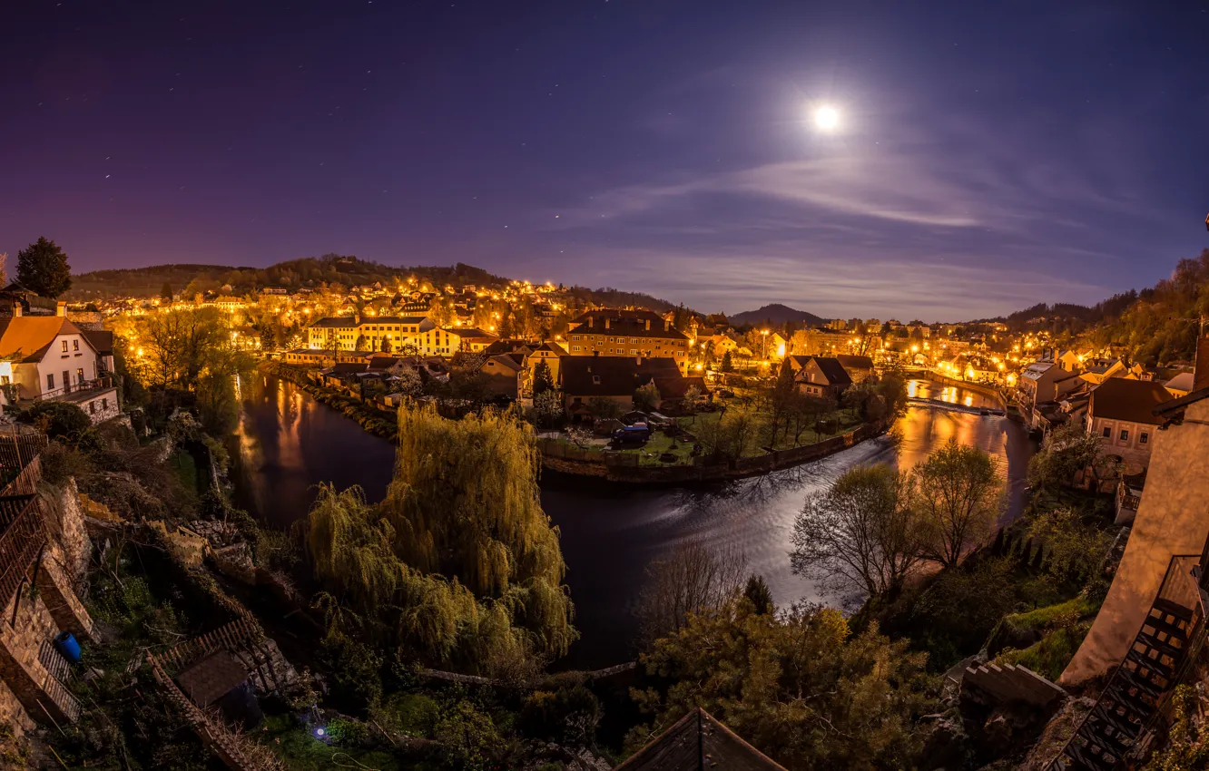 Photo wallpaper the sky, night, the city, lights, river, the moon, home, Czech Republic