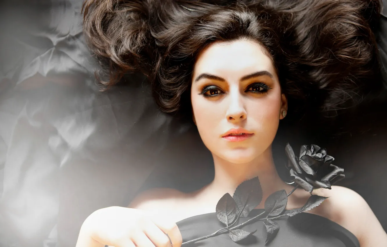 Photo wallpaper girl, flowers, roses, brunette, shoulders, curls