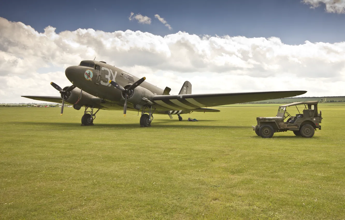 Photo wallpaper the plane, the airfield, military transport, Jeep, "Willis-MV&ampquot;, Willys MB, Douglas C-47