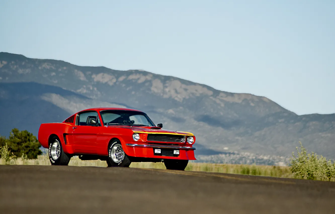 Photo wallpaper road, the sky, hills, lights, Mustang, Ford, wheel, front