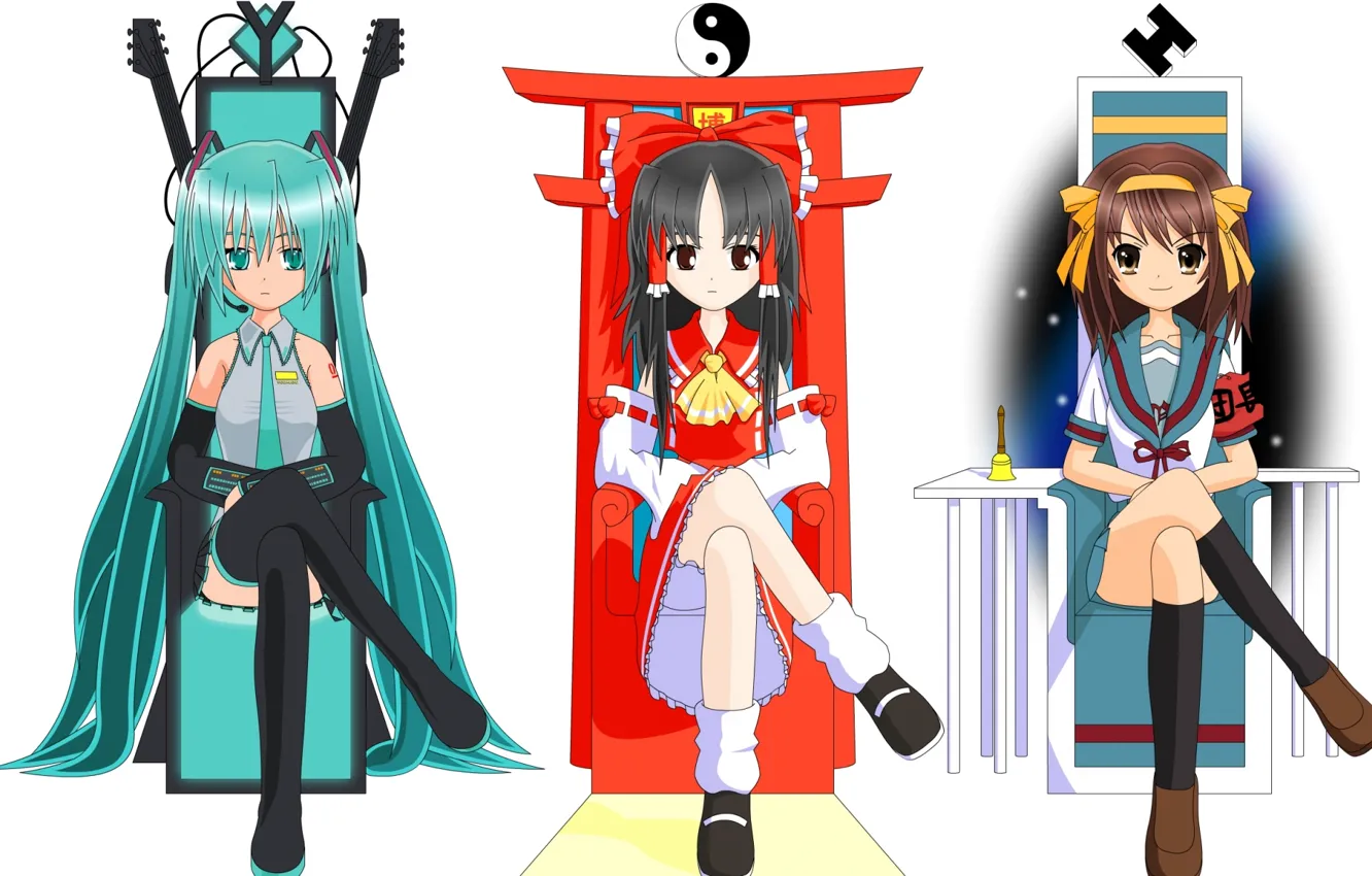 Photo wallpaper chair, white background, vocaloid, hatsune miku, sitting, touhou, three, Yin-Yang