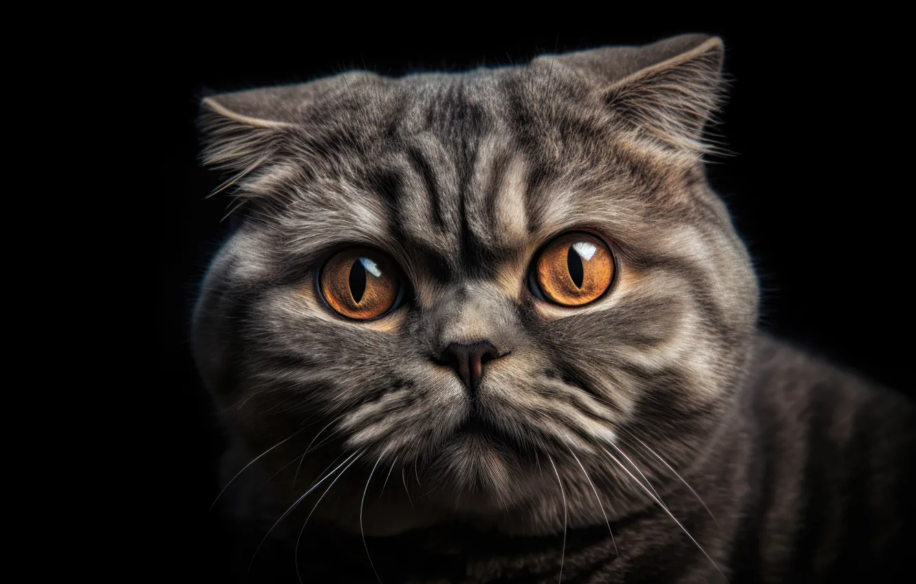 Photo wallpaper cat, cat, face, portrait, fold, art, black background, Scottish