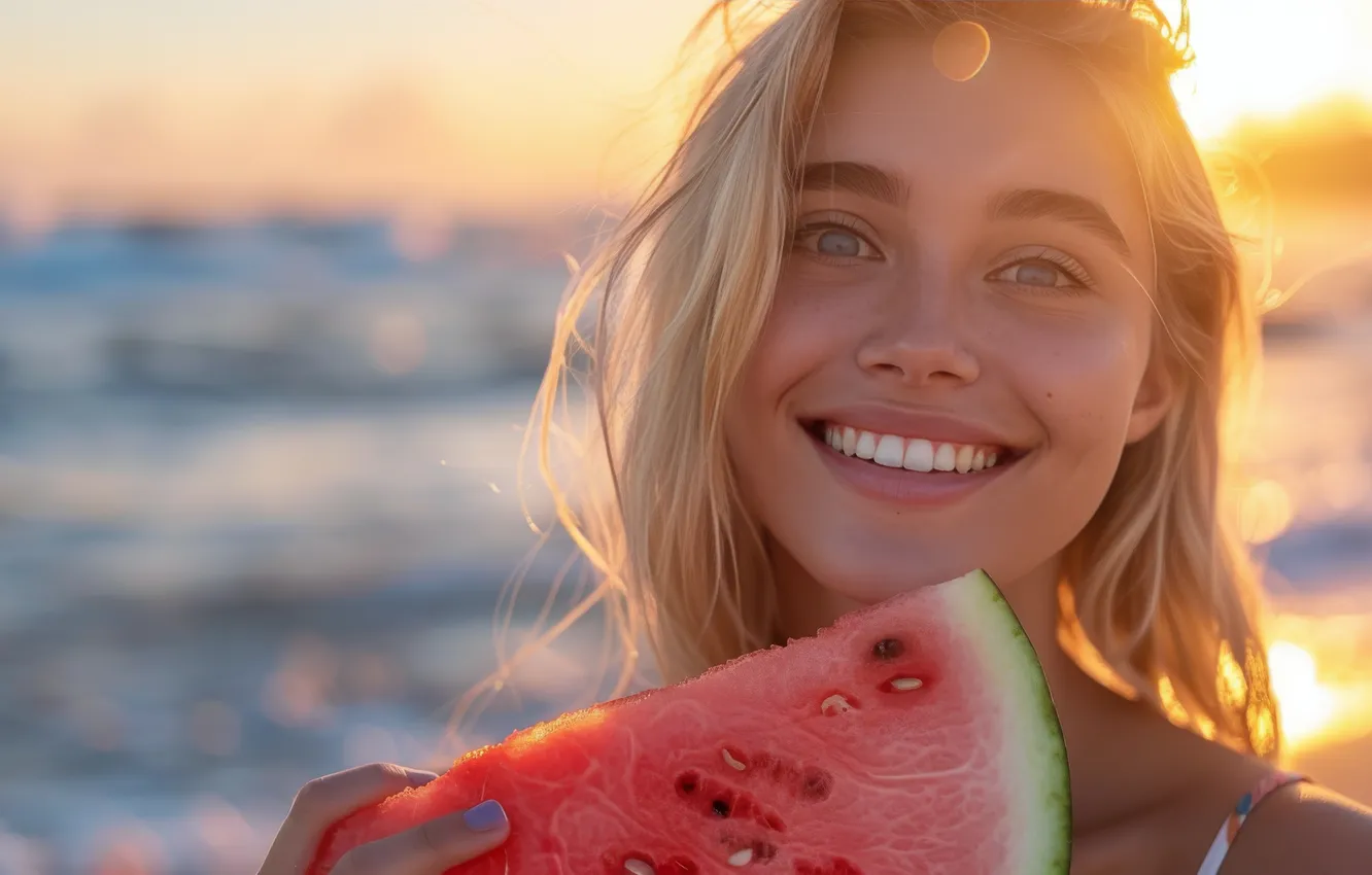 Photo wallpaper sea, beach, summer, look, girl, the sun, rays, light