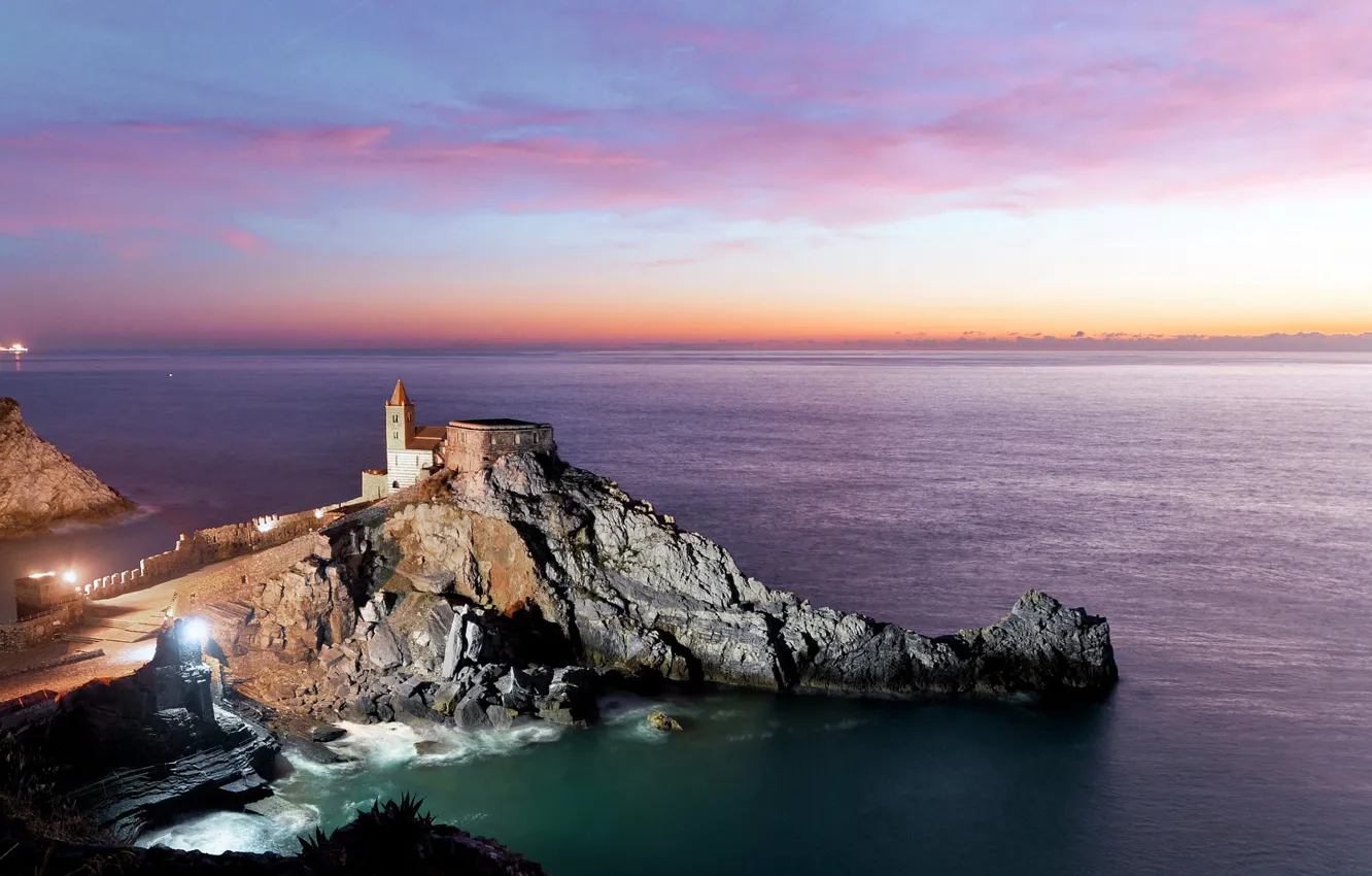 Photo wallpaper sea, landscape, sunset, nature, rock, the evening, Italy, Church