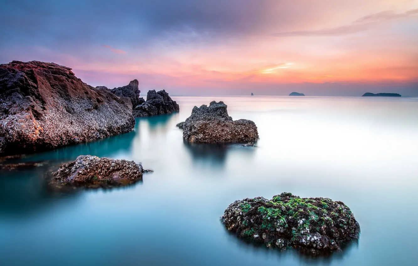 Photo wallpaper sea, the sky, clouds, stones, horizon, sky, sea, clouds