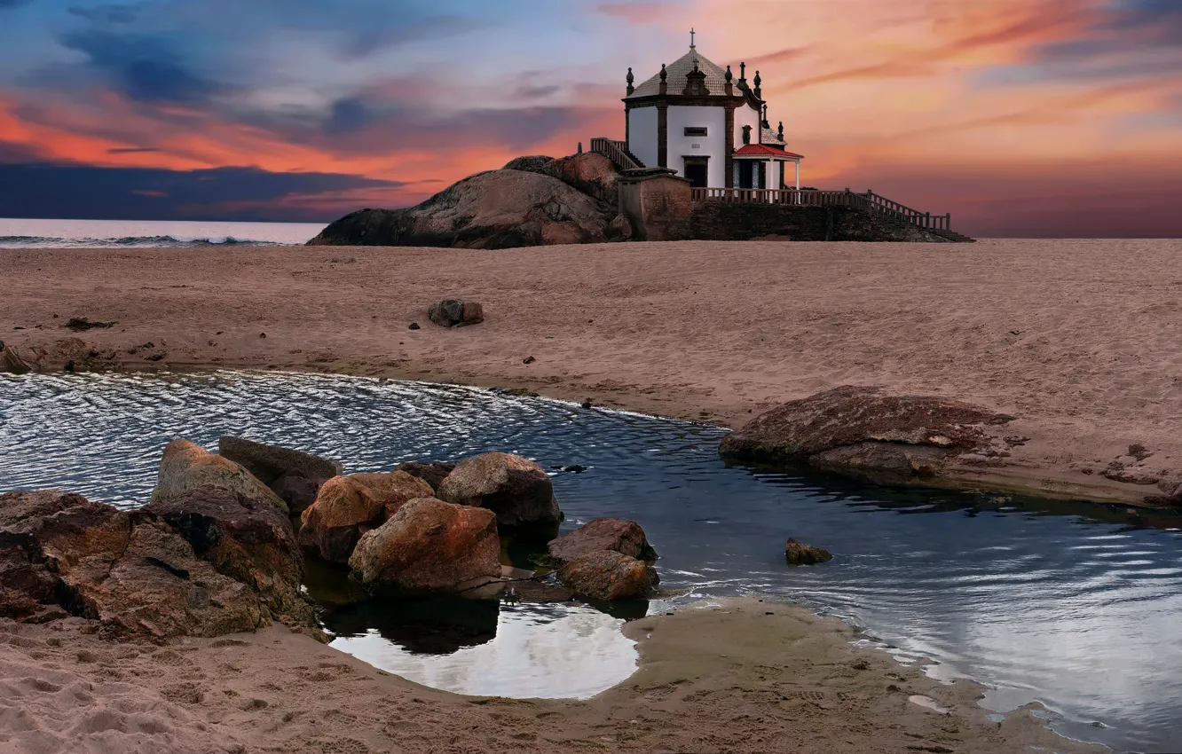 Photo wallpaper sand, water, landscape, sunset, nature, stones, the ocean, shore