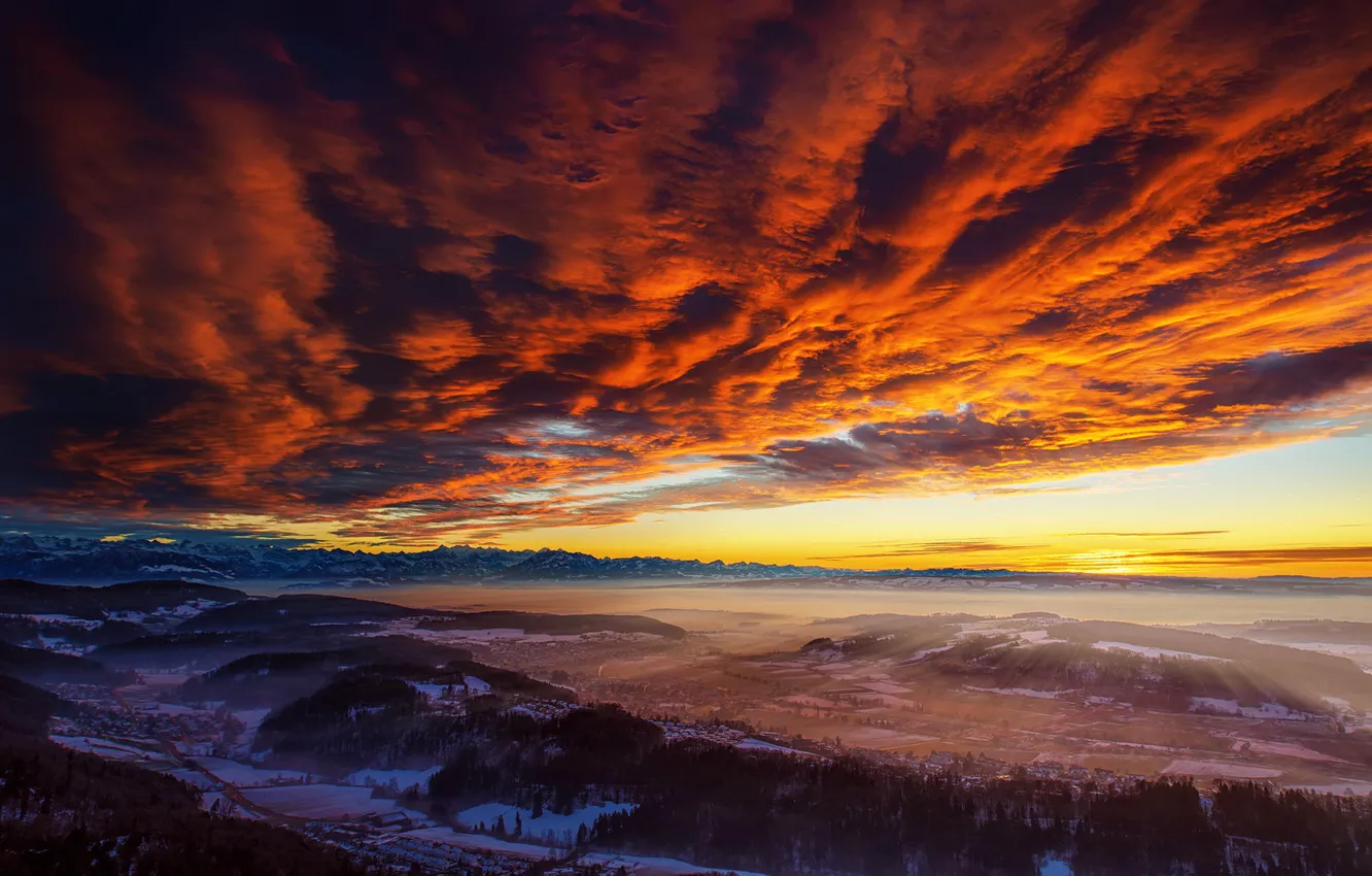 Photo wallpaper the sky, mountains, clouds, nature, valley, rasvet