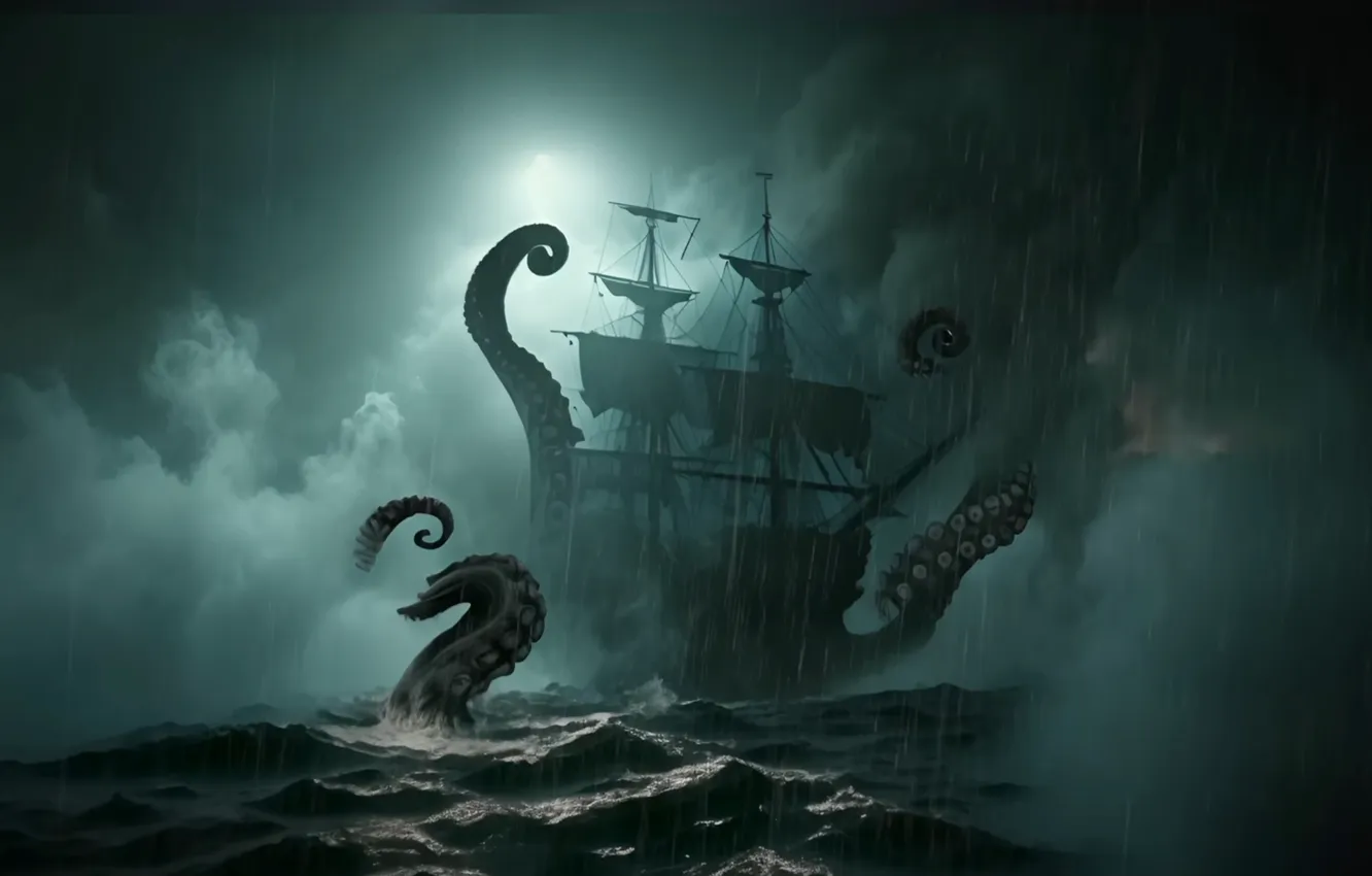 Photo wallpaper moon, storm, octopus, ship