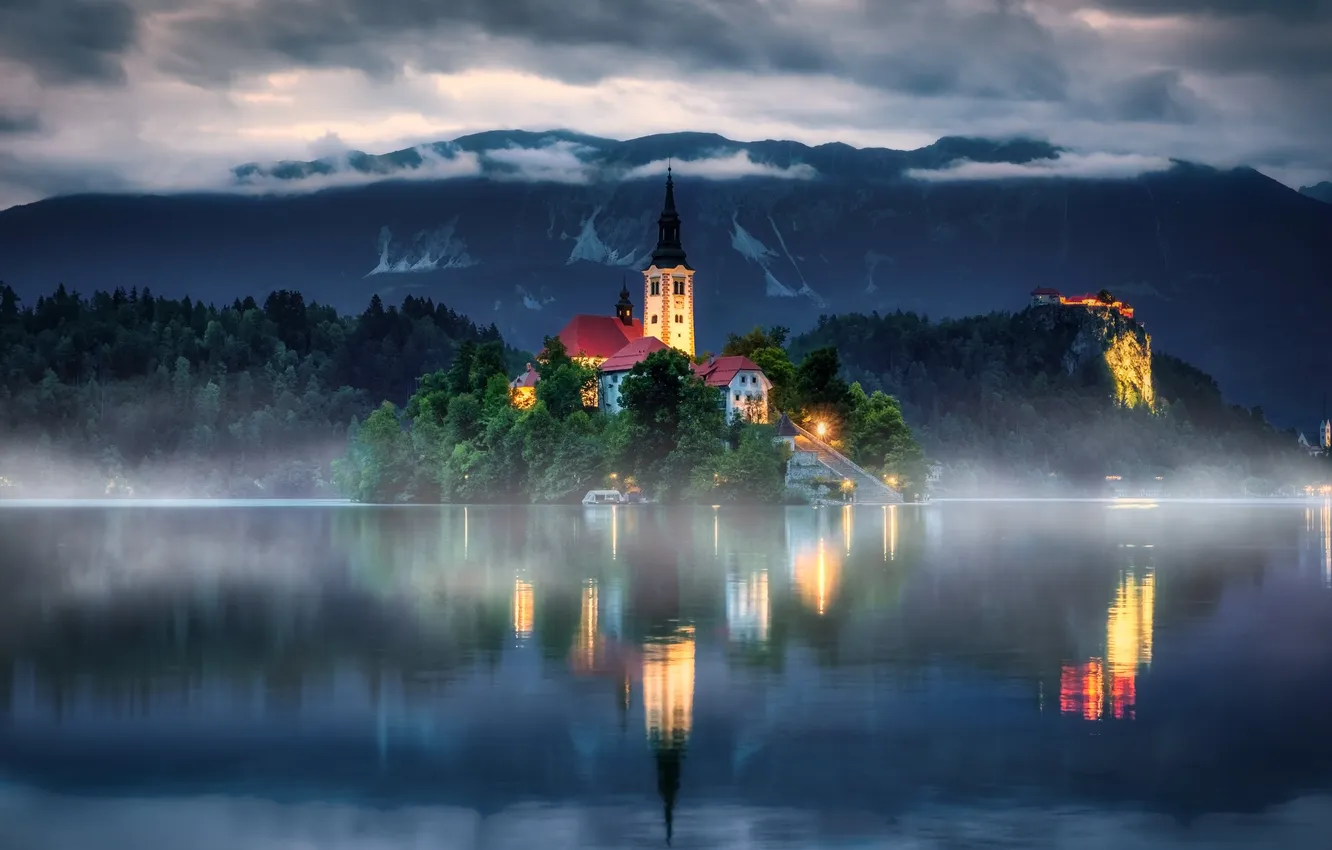 Photo wallpaper mountains, lake, Church, haze, Slovenia, Bled