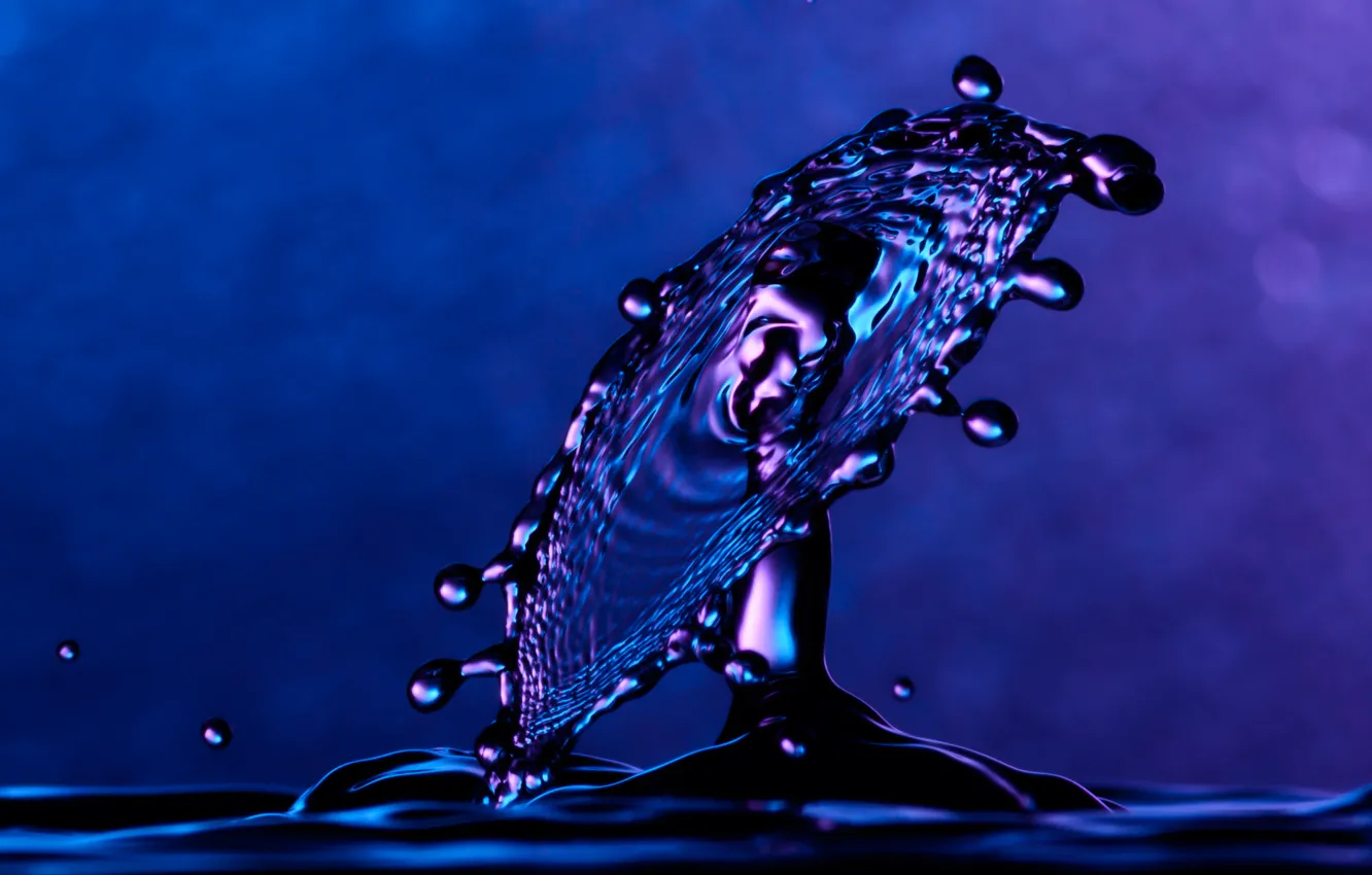 Photo wallpaper water, macro, squirt, blue, droplets, background, splash, plop