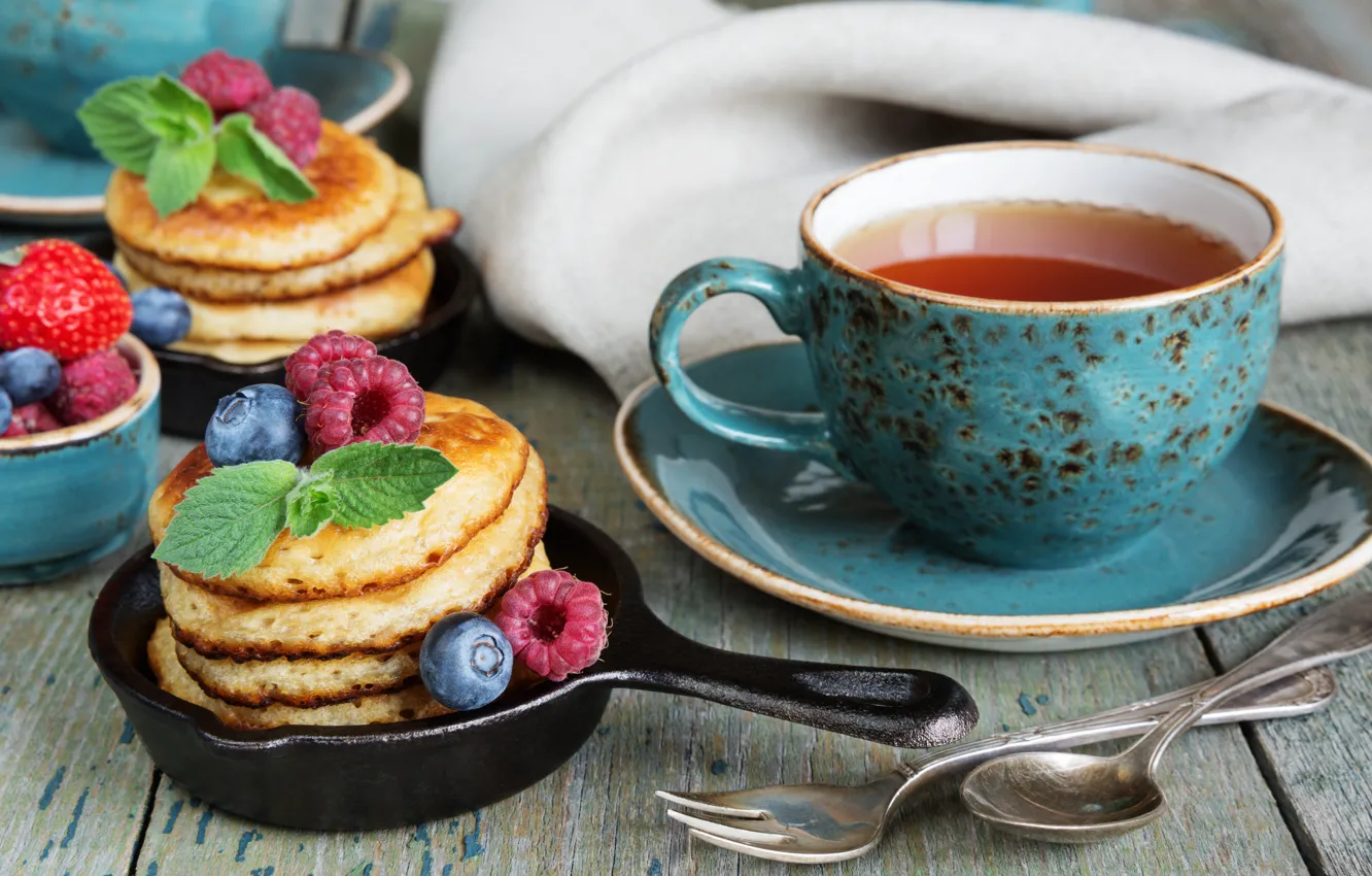 Photo wallpaper berries, raspberry, Breakfast, blueberries, strawberry, pancakes, tea fragrant
