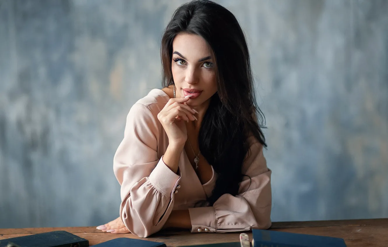 Photo wallpaper look, girl, table, brunette, blouse, book, Anastasia Barmina, Anastasia Barmina