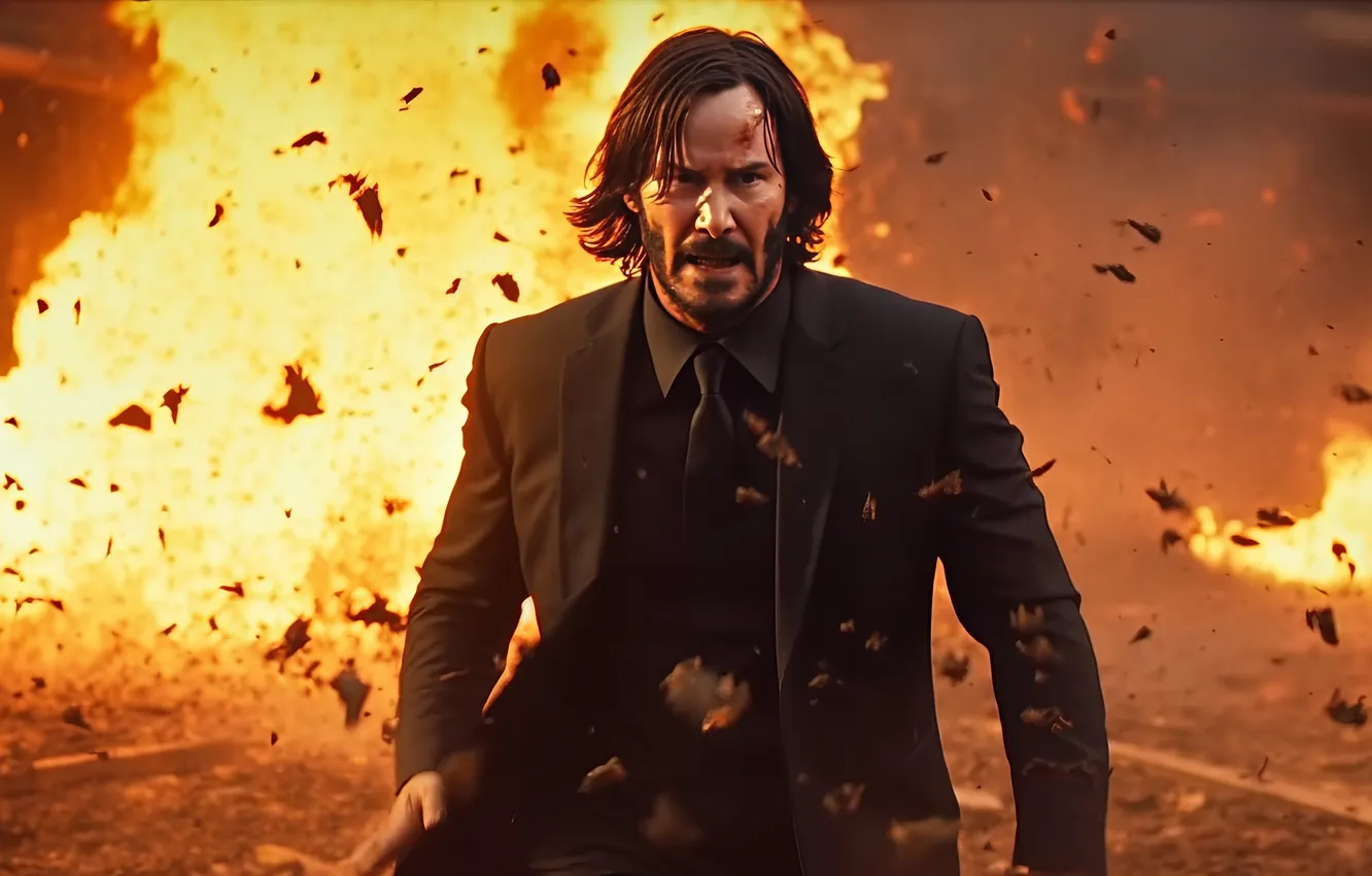 Photo wallpaper explosion, fire, short hair, men, beard, John Wick, looking at viewer, AI Art