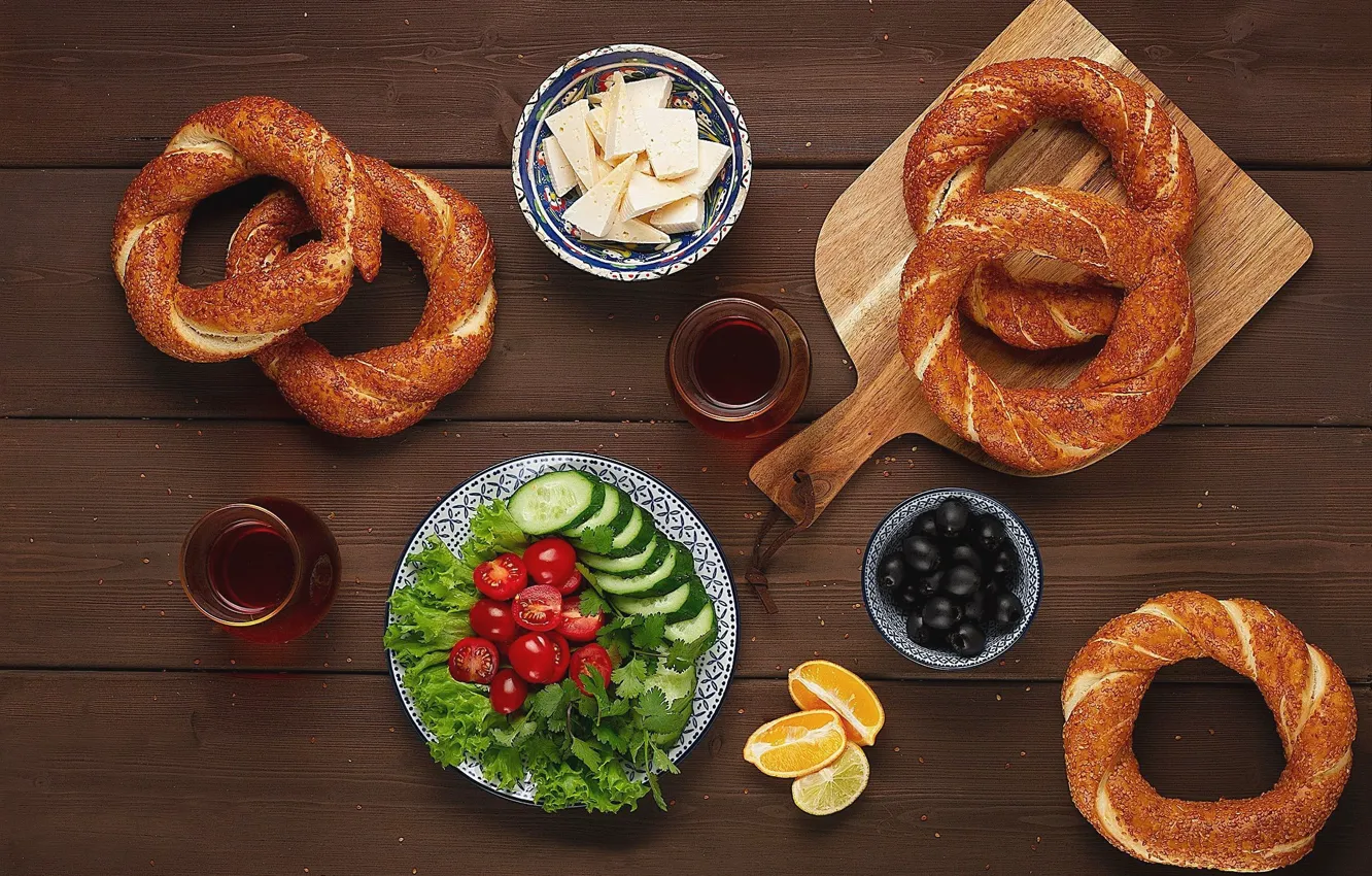 Photo wallpaper lemon, breakfast, tea, cheese, cucumber, tomato, olives, bagel