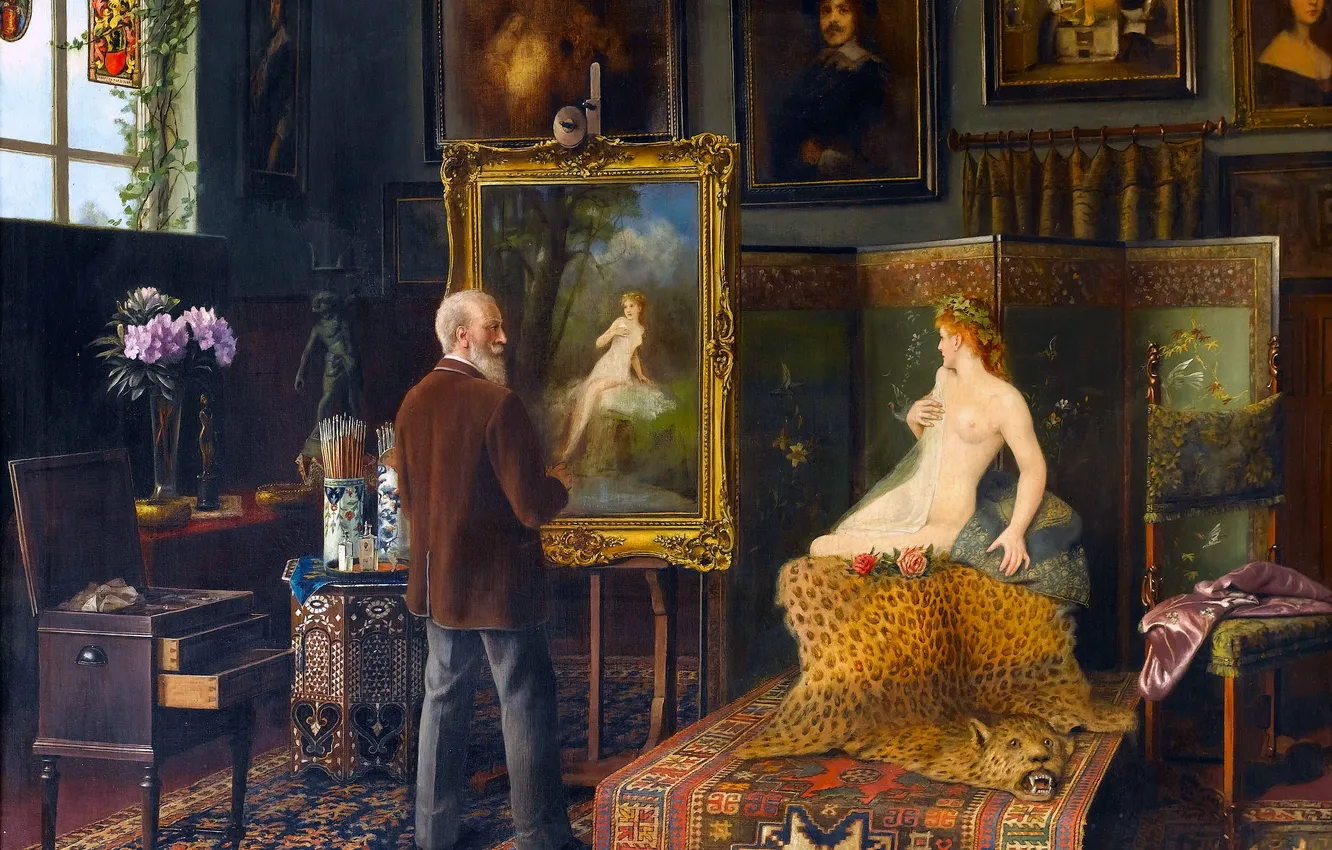 Photo wallpaper girl, picture, artist, male, easel, naked, The model, Karl Johann Szpilter