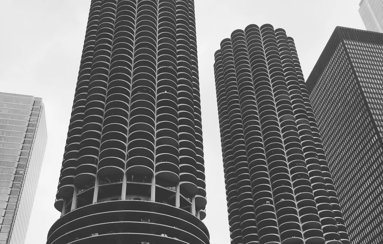 Photo wallpaper USA, United States, Chicago, Illinois, skyline, black and white, buildings, skyscrapers