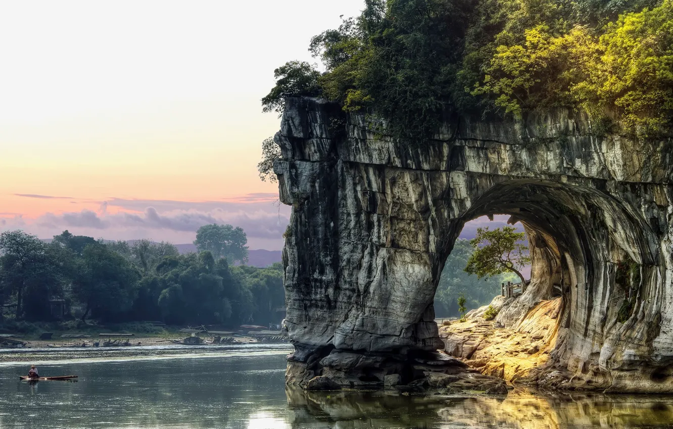 Photo wallpaper China, rock, sky, trees, landscape, nature, water, clouds