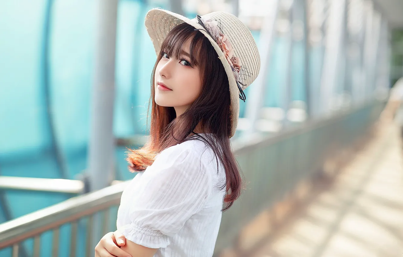Photo wallpaper look, girl, hat, Asian, cutie, bokeh