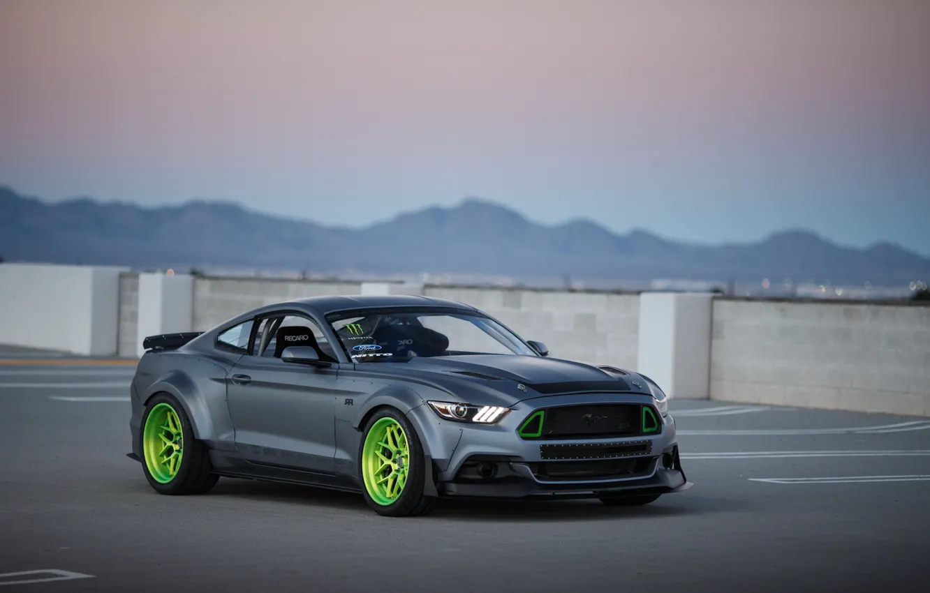 Photo wallpaper Mustang, Ford, Green, Front, RTR, Monster Energy, Wheels, 2015