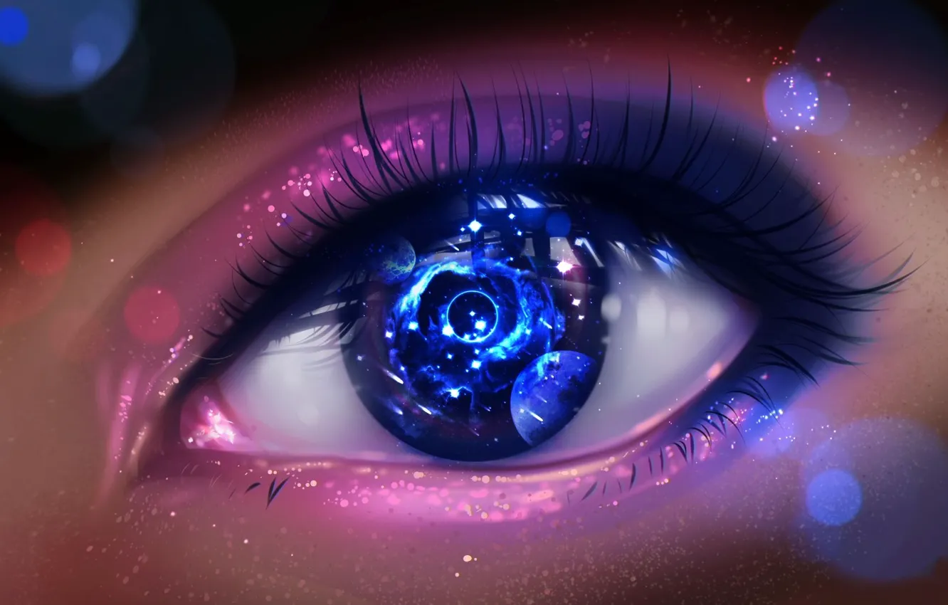 Photo wallpaper close-up, eyes, eyelashes, reflection, the universe, planet, sequins, universe