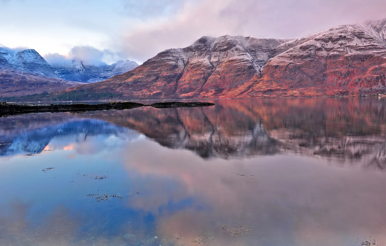 Photo wallpaper mountains, lake, reflection, the evening
