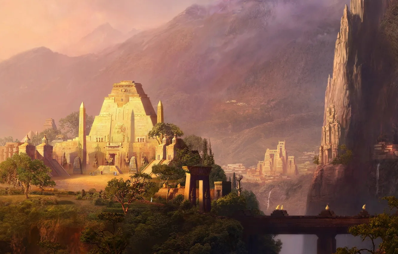 Photo wallpaper mountains, bridge, rocks, building, waterfall, temple, the Aztecs