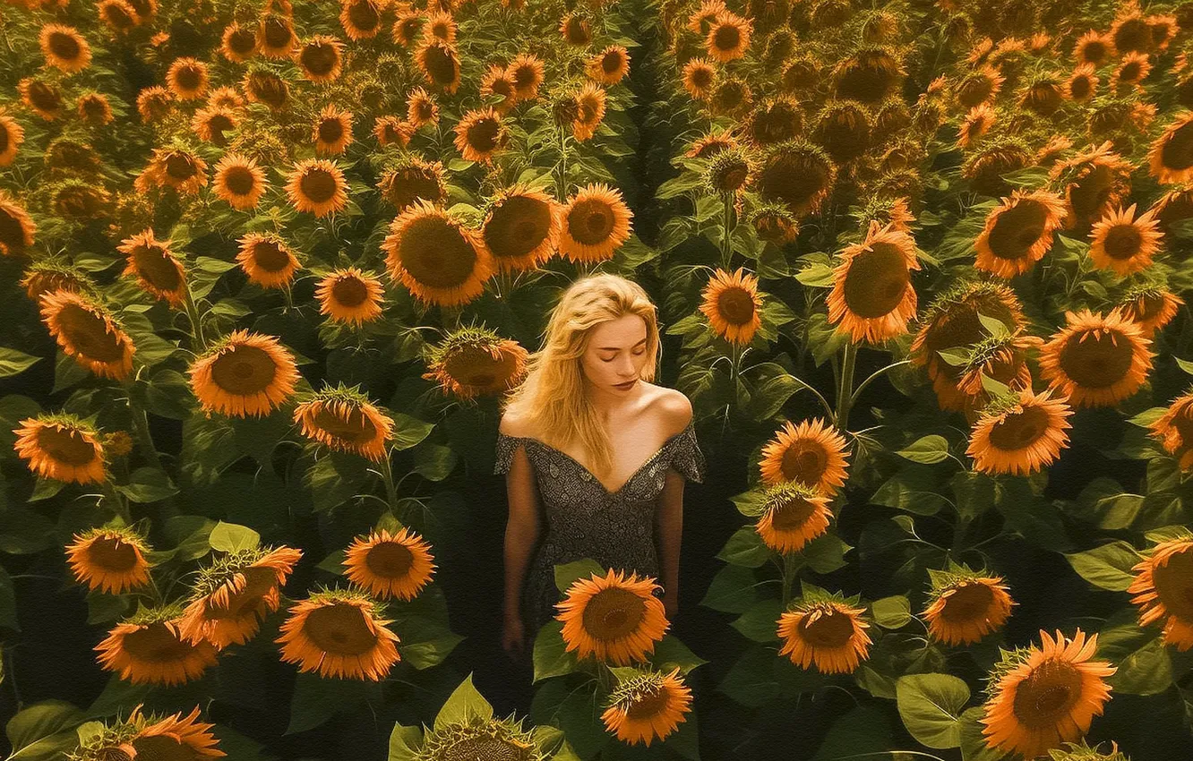 Photo wallpaper field, girl, sunflowers, AI art, neural network