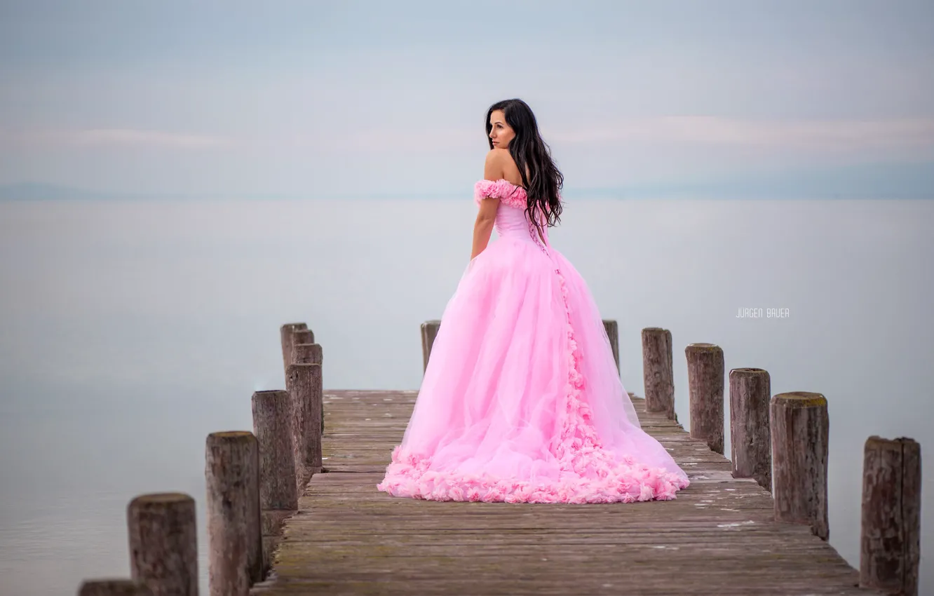 Photo wallpaper sea, girl, pose, hair, pier, dress, beautiful, Jurgen Bauer