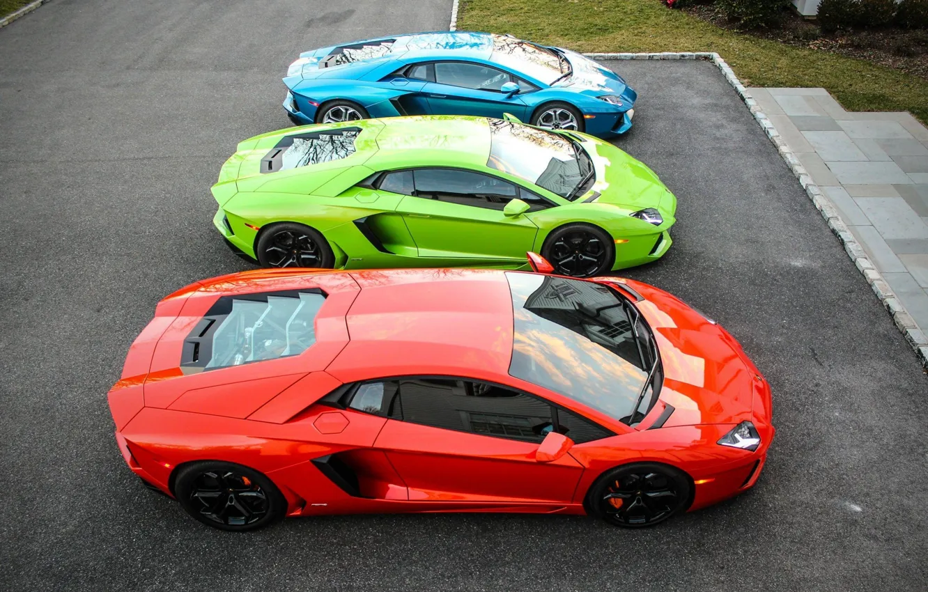 Photo wallpaper green, Lamborghini, red, blue, three, mixed, LP700-4, Aventador