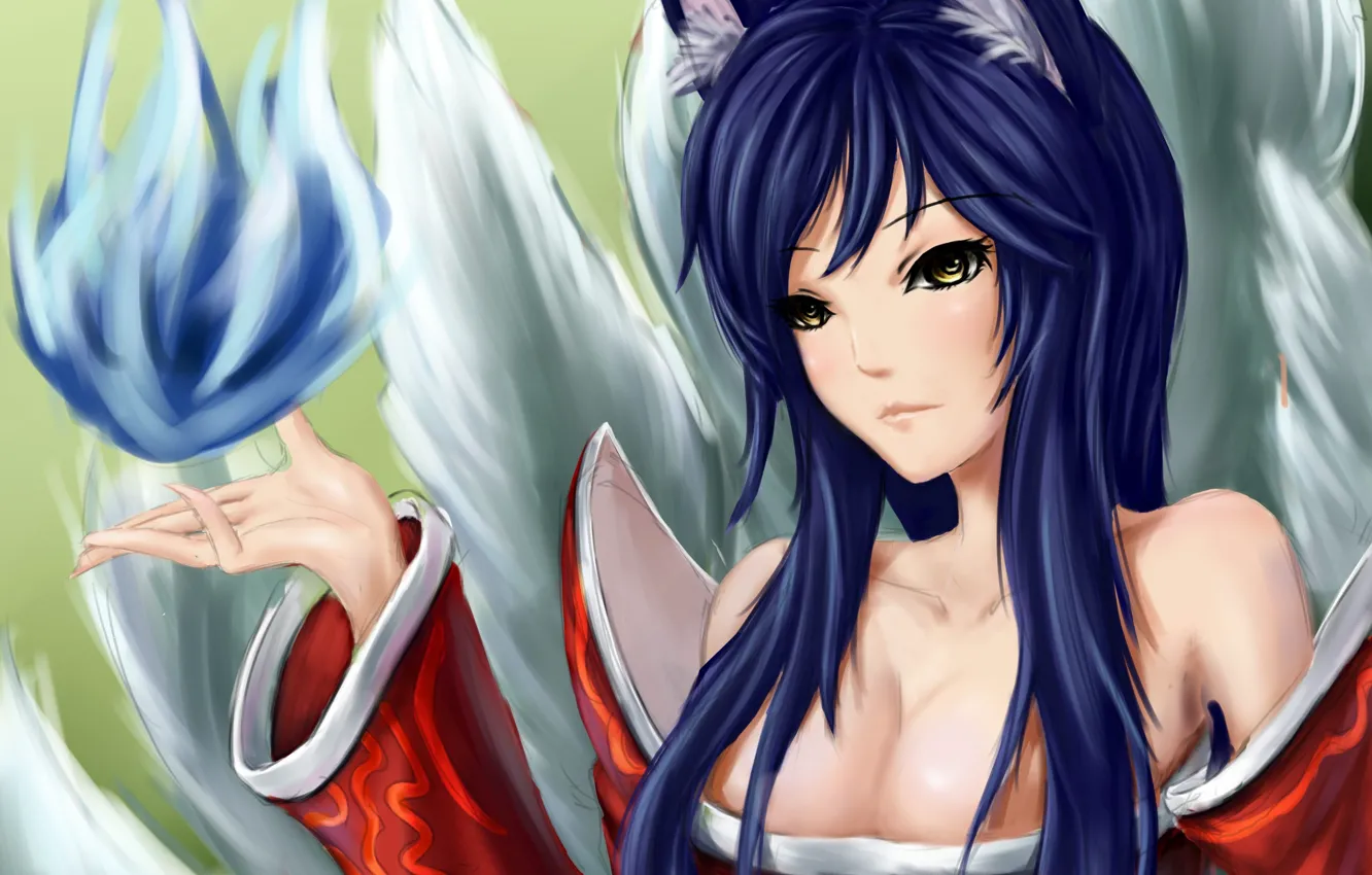 Photo wallpaper girl, magic, hands, ears, League of Legends, Ahri