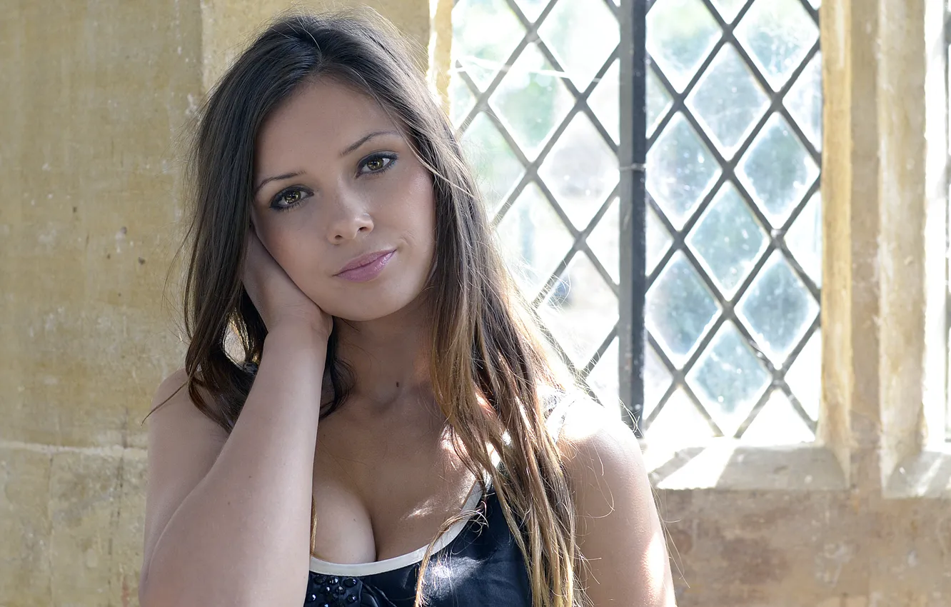 Photo wallpaper chest, eyes, look, girl, smile, hair, lips, brown hair