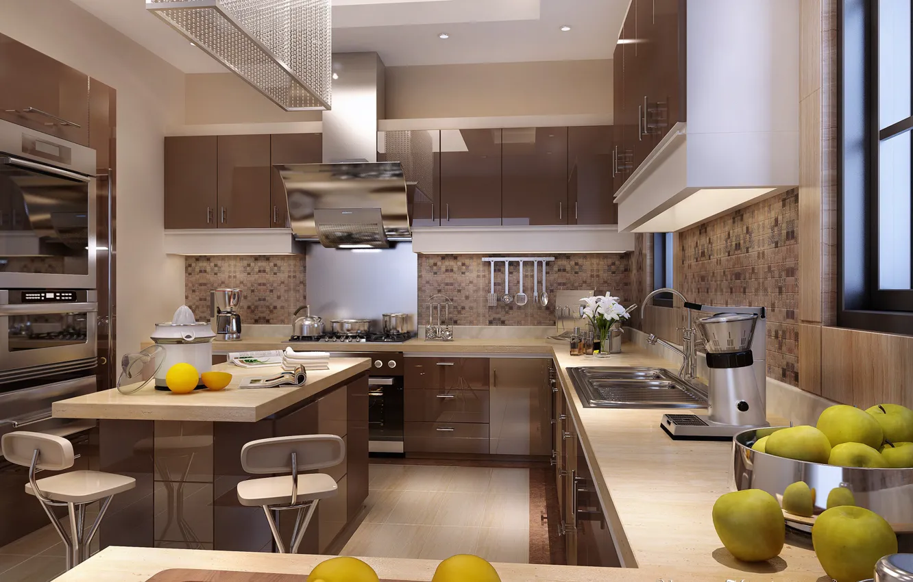 Photo wallpaper lemon, apples, furniture, kitchen, MAIN KITCHEN AREA